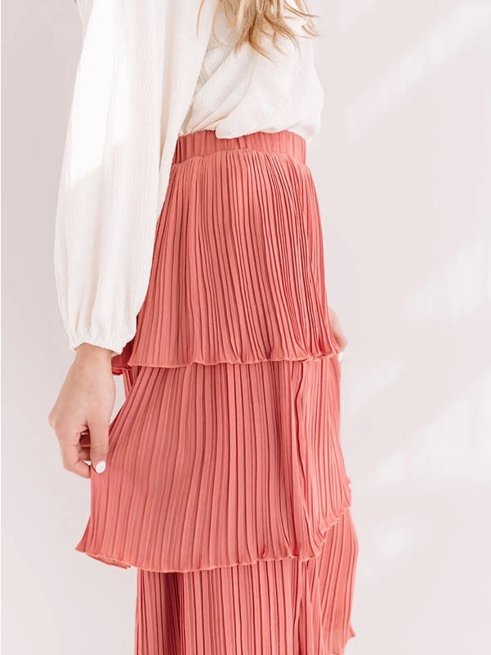 Pleated Tiered Maxi Skirt - Coral 33 inches long
